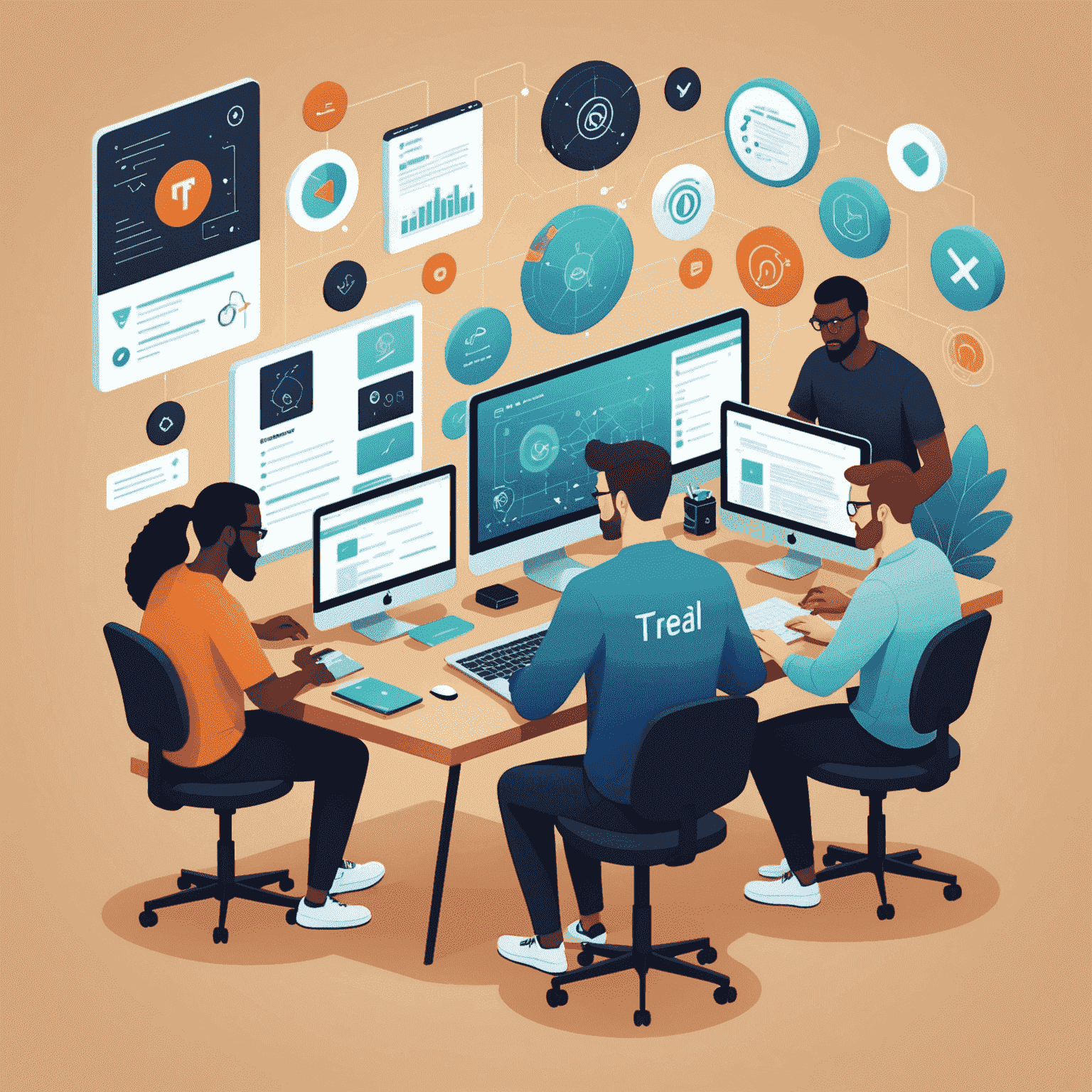 Illustration depicting a team of web developers collaborating on a website project, with various design elements and coding symbols surrounding them