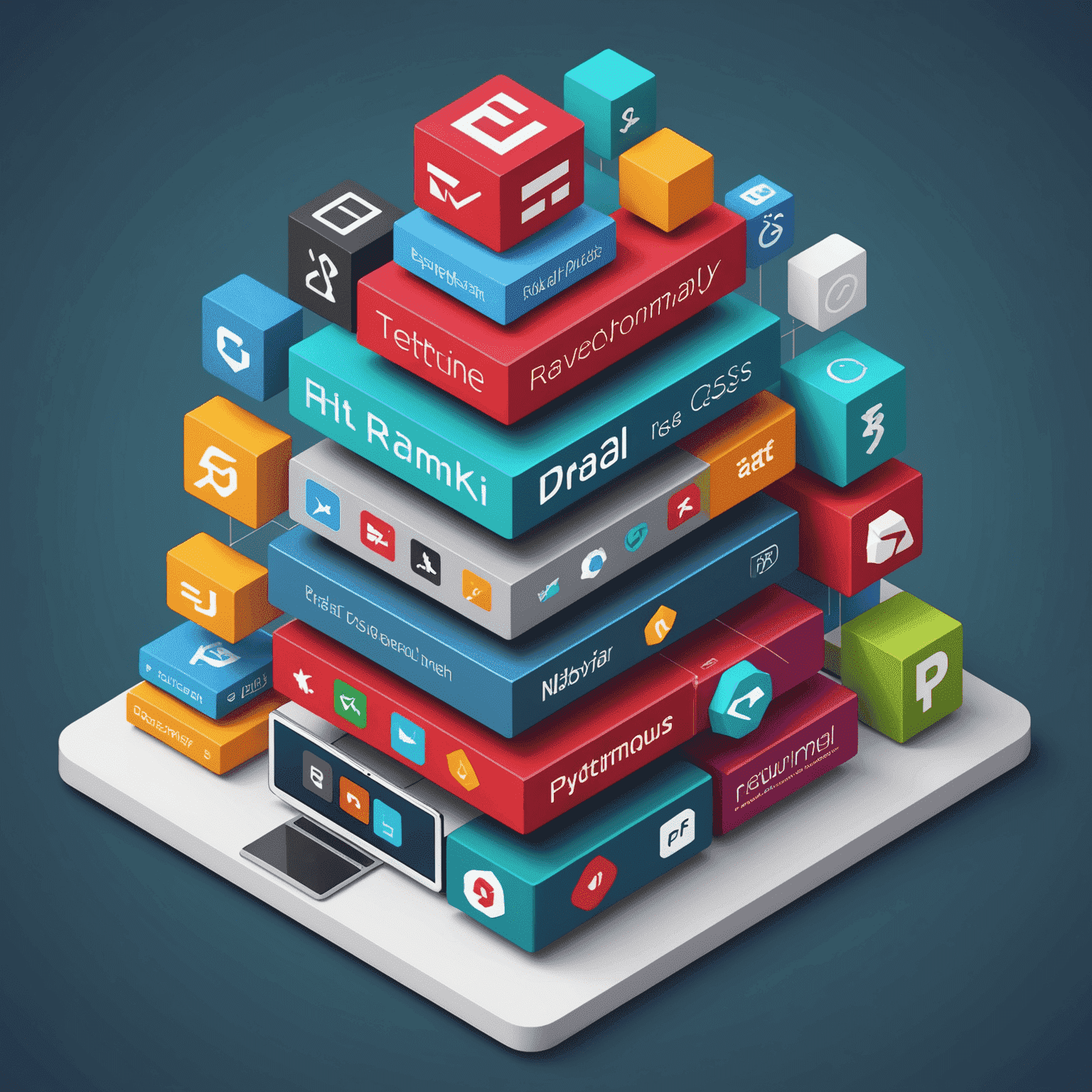 Illustration of various web development technologies and frameworks such as HTML, CSS, JavaScript, React, Angular, Node.js, Python, Ruby on Rails, and more, arranged in a stack to represent the concept of a technology stack