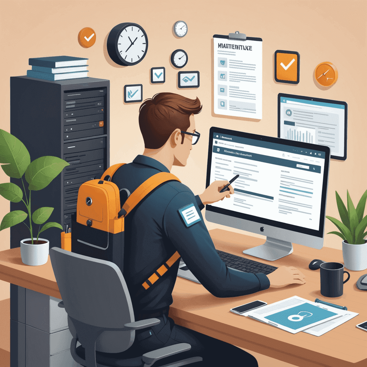 Illustration of a person working on website maintenance tasks such as updates, backups, and security monitoring