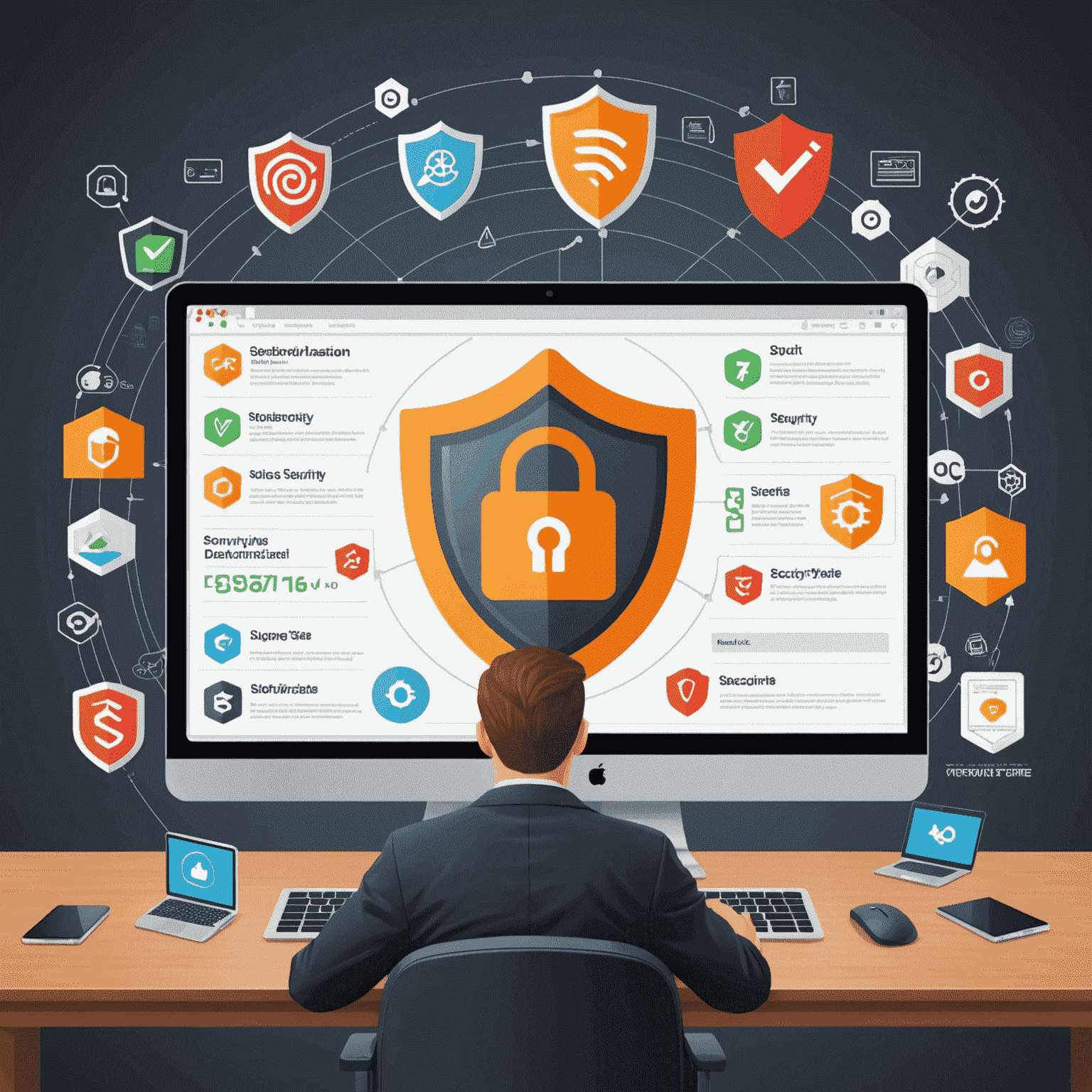 Illustration depicting website security monitoring, with icons representing firewalls, SSL certificates, and malware scans