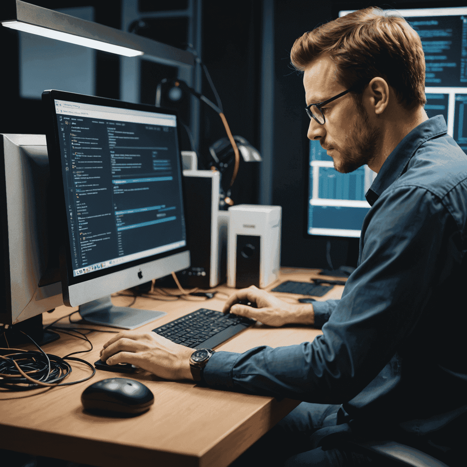 A technician performing website maintenance tasks on a computer, ensuring the site remains up-to-date and secure